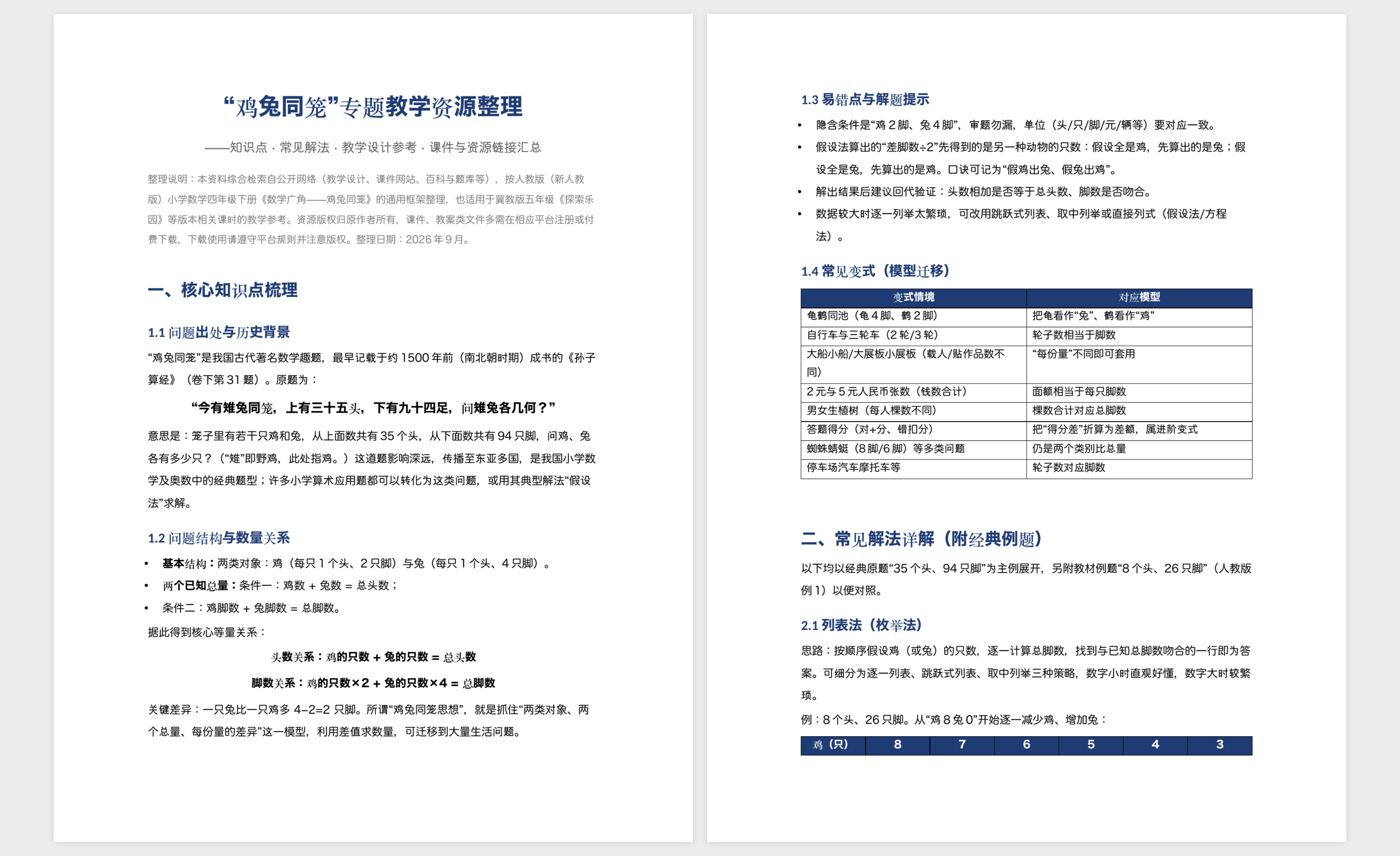 鸡兔同笼教学资料节选,包含教学目标、假设法和课堂设计